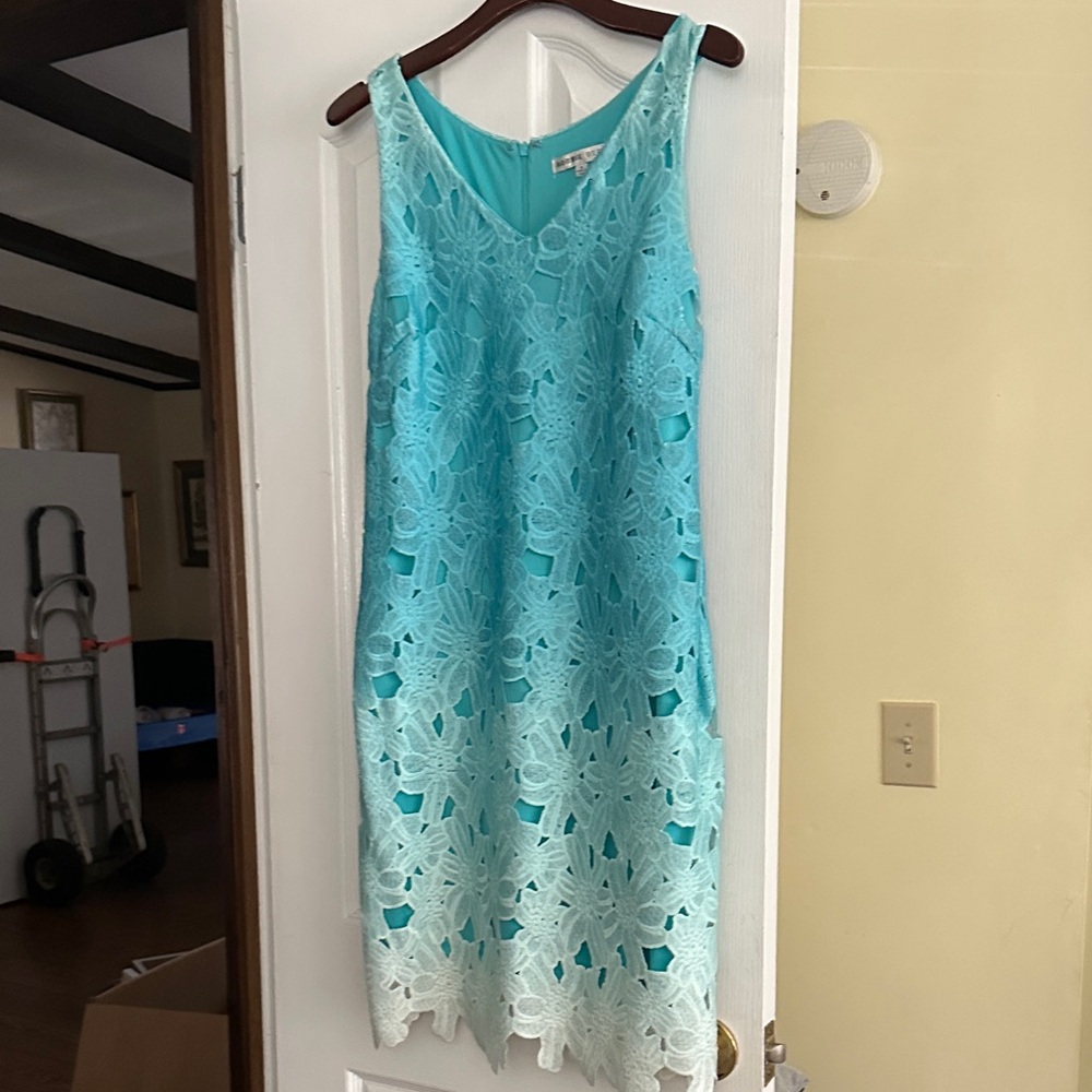 Robbie Bee Aqua to White Ombre Lace Midi Dress